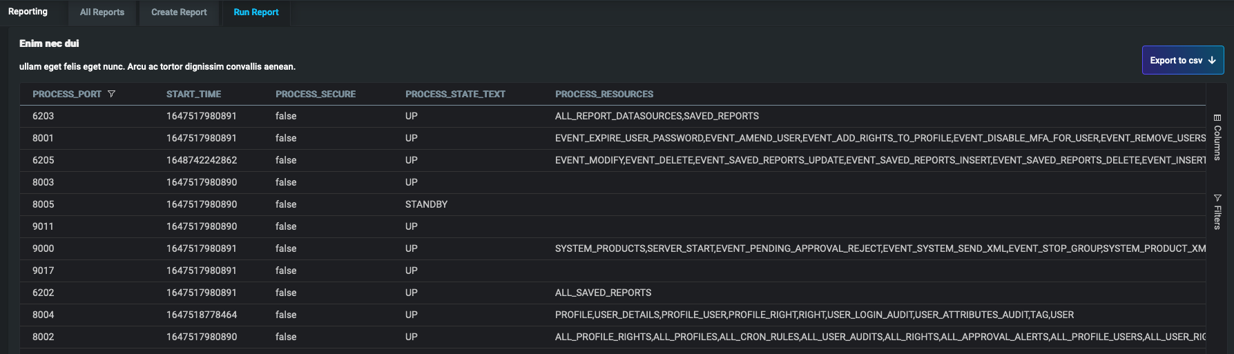 Example showing the list of all generated reports