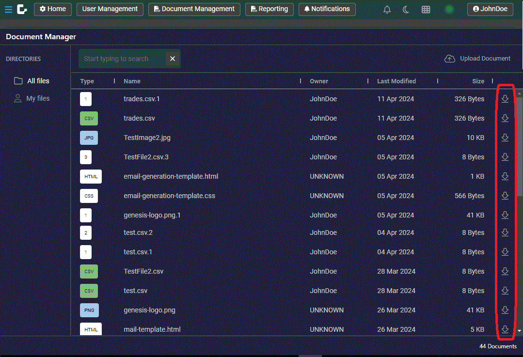 Document Management Screen