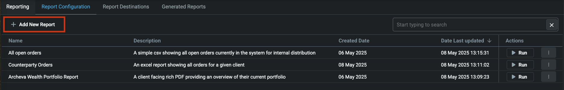 Reporting configuration