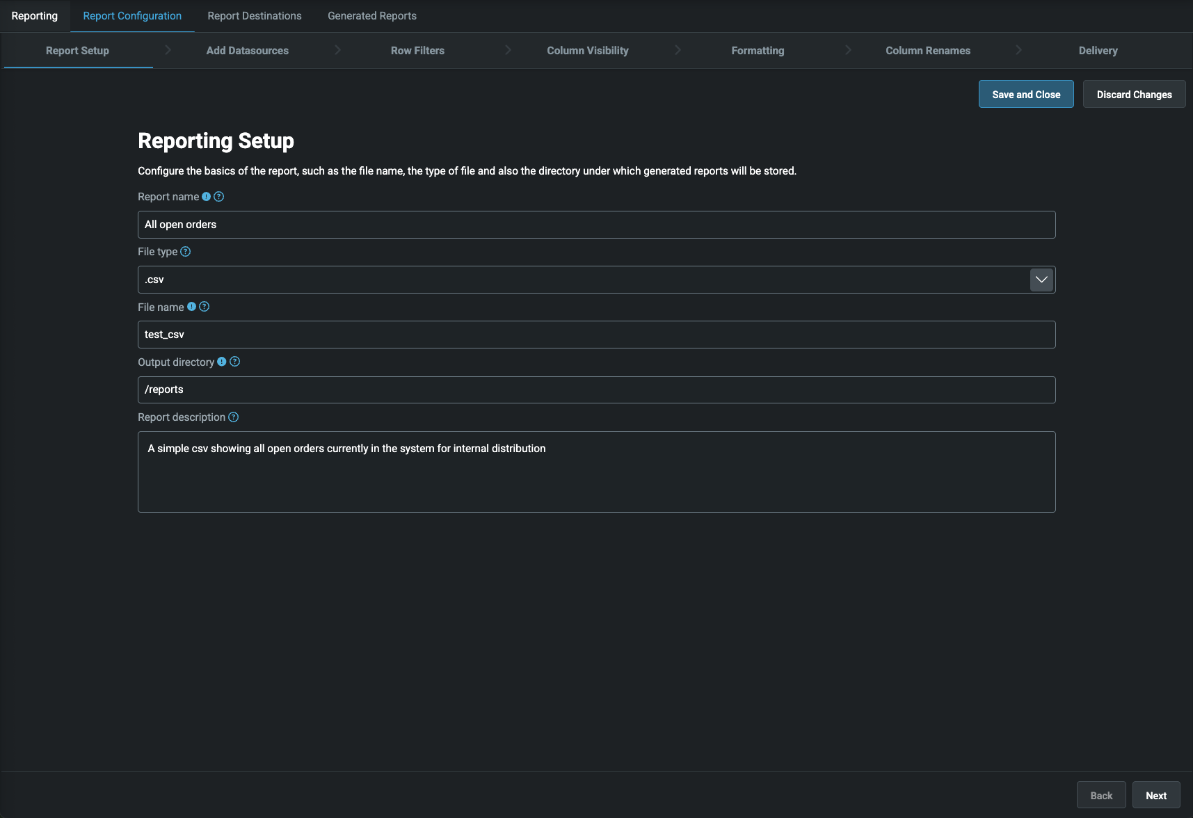 Reporting configuration editor